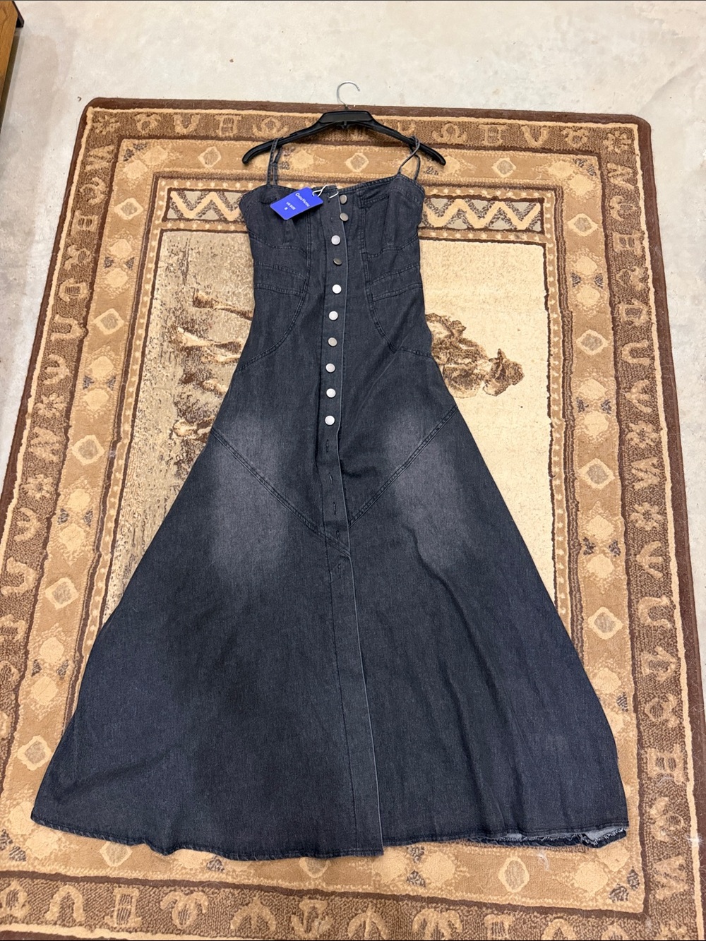 Denim Maxi Dress with Front Buttons - Dark Blue